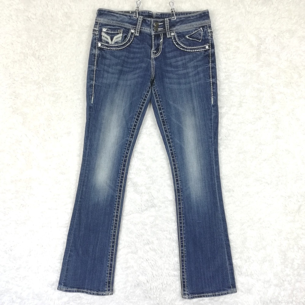 Vigoss Womens Jeans Dublin Slim Boot Cut Blue Denim Studded Stone Wash 3
